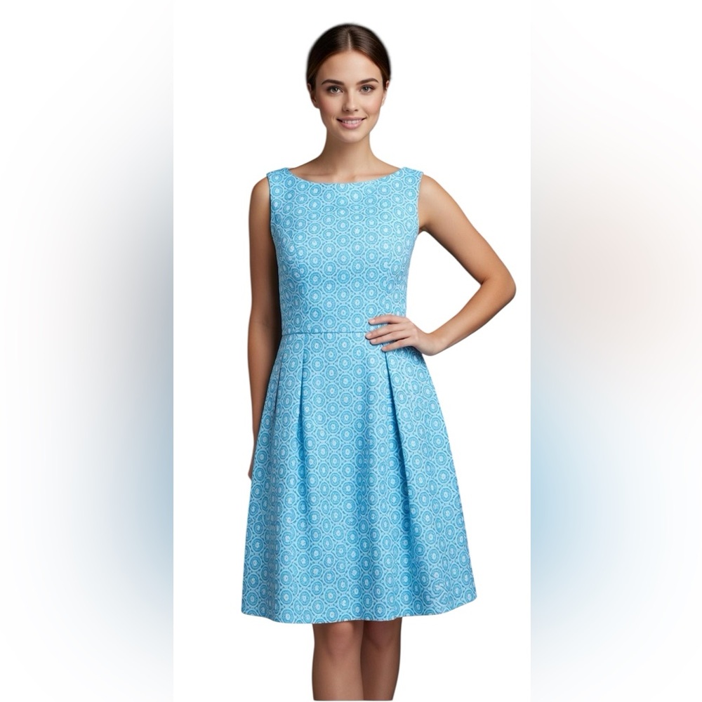 Trina Turk Turquoise Geometric Medallion Print Sleeveless A-Line Dress Sz 10
